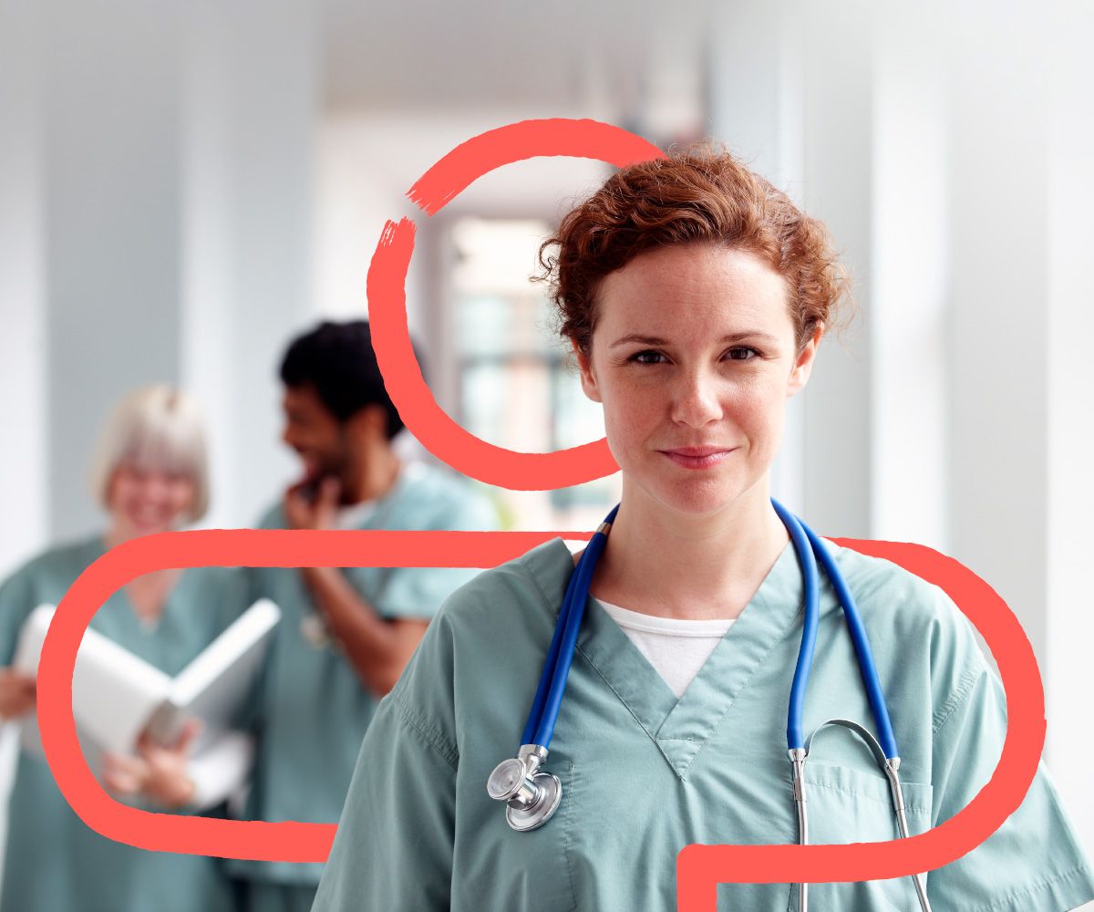 Nurse with red outline of abstract person behind her Nurse with red outline of abstract person behind her