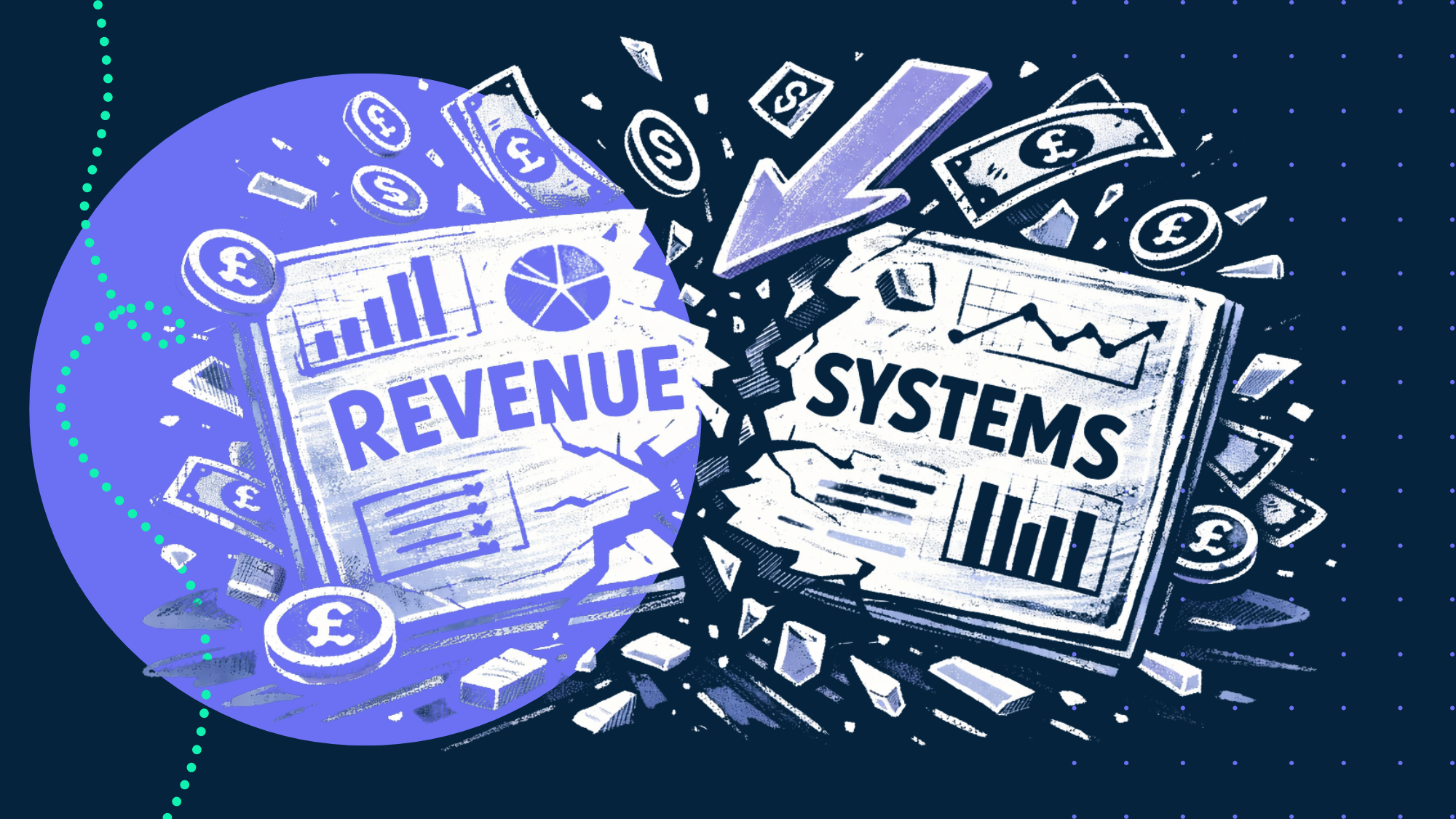 Revenue systems laptop being broke in half and money exploding everywhere 
